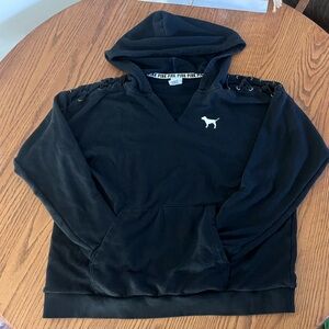 PINK lace up shoulder Black Hoodie with Logo